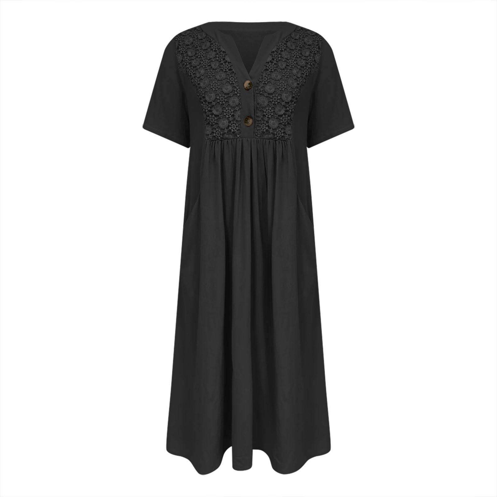 thumbnail image 4 of Vestido largo boho de manga corta con cuello en V y bolsillos para mujer: vestido de playa de poliéster con estampado floral para el verano, 4 of 5